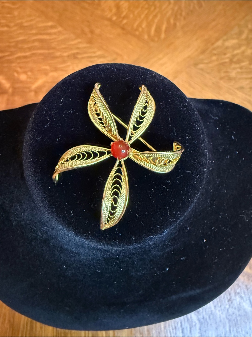 Gold Filigree Flower Pin with Red Center